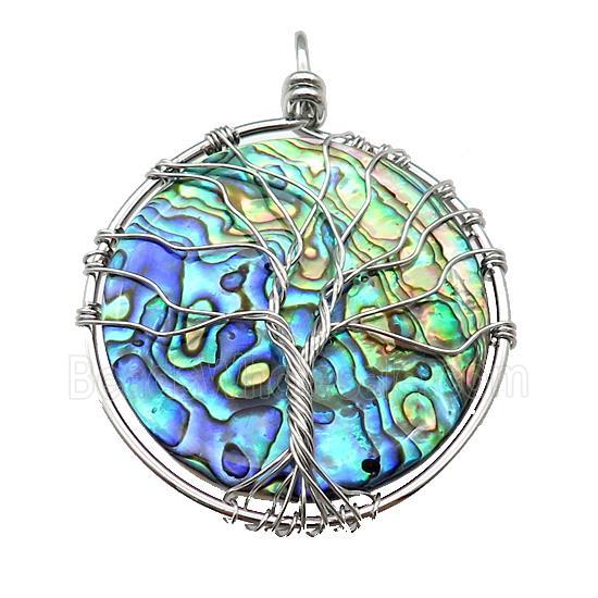 Abalone Shell Circle Pendant Tree Of Life Copper Wire Wrapped Platinum