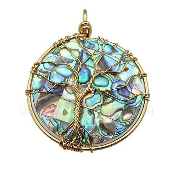 Abalone Shell Circle Pendant Tree Of Life Copper Wire Wrapped Gold Plated