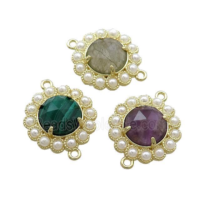 Copper Circle Connector Pave Gemstone Pearlized Resin Gold Plated Mixed