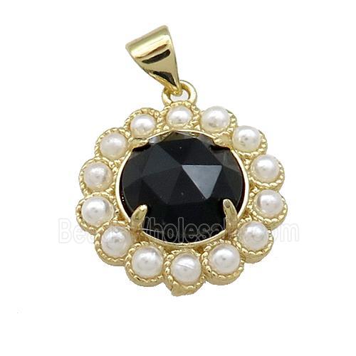 Copper Circle Pendant Pave Black Onyx Pearlized Resin Gold Plated
