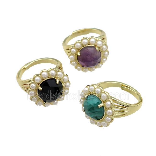 Copper Circle Rings Pave Gemstone Pearlized Resin Adjustable Gold Plated Mixed