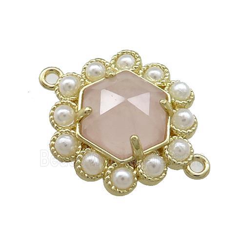 Copper Hexagon Connector Pave Pink Rose Quartz Pearlized Resin Gold Plated