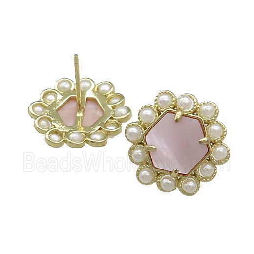 Copper Hexagon Stud Earrings Pave Pink Queen Shell Pearlized Resin Gold Plated