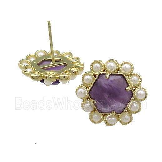 Copper Hexagon Stud Earrings Pave Amethyst Pearlized Resin Gold Plated