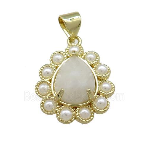 Copper Teardrop Pendant Pave White Moonstone Pearlized Resin Gold Plated