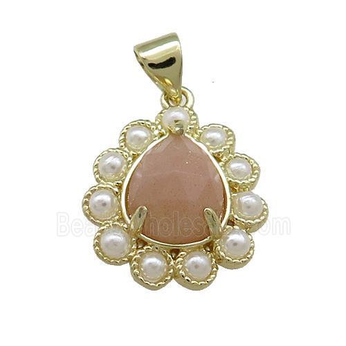 Copper Teardrop Pendant Pave Peach Sunstone Pearlized Resin Gold Plated