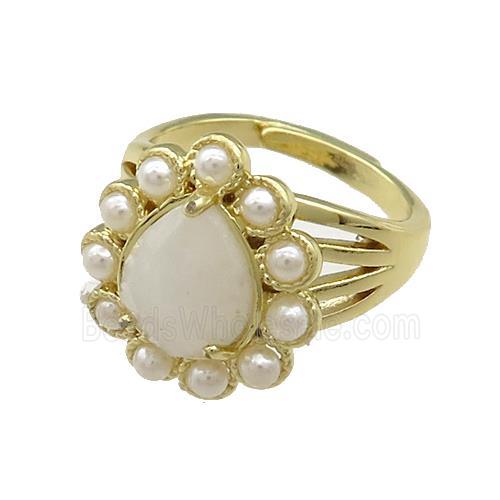 Copper Teardrop Rings Pave White Moonstone Pearlized Resin Adjustable Gold Plated
