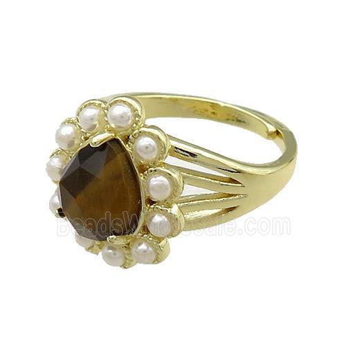 Copper Teardrop Rings Pave Tiger Eye Stone Pearlized Resin Adjustable Gold Plated