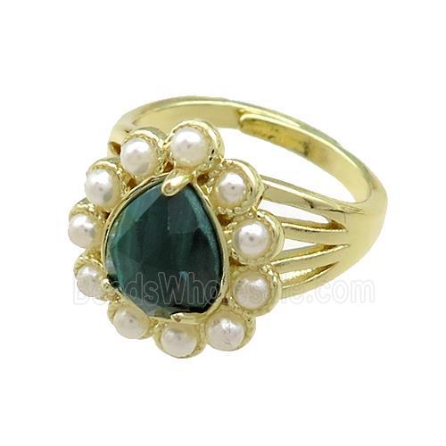 Copper Teardrop Rings Pave Malachite Pearlized Resin Adjustable Gold Plated