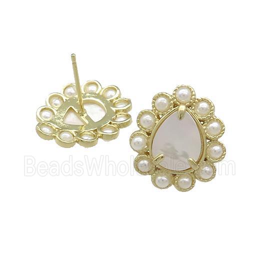 Copper Teardrop Stud Earrings Pave White Shell Pearlized Resin Gold Plated