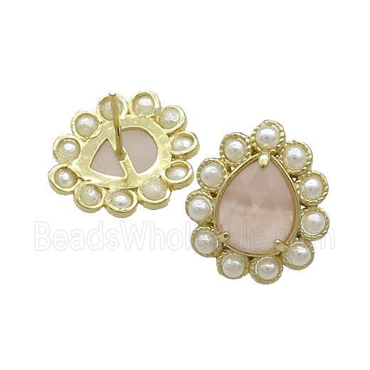 Copper Teardrop Stud Earrings Pave Rose Quartz Pearlized Resin Gold Plated