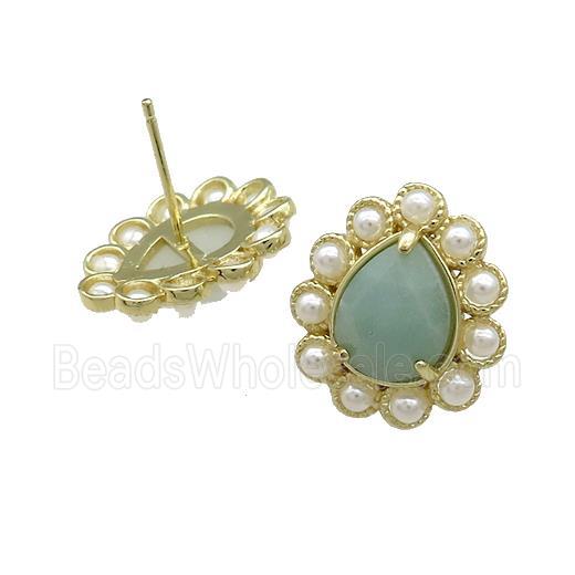 Copper Teardrop Stud Earrings Pave Blue Amazonite Pearlized Resin Gold Plated