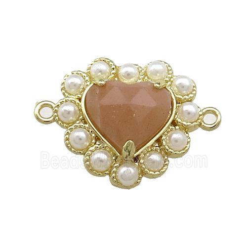 Copper Heart Connector Pave Peach Sunstone Pearlized Resin Gold Plated