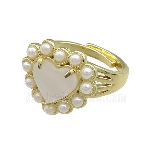 Copper Heart Rings Pave White Shell Pearlized Resin Adjustable Gold Plated