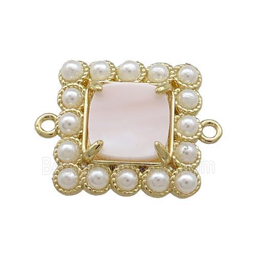 Copper Square Connector Pave Pink Queen Shell Pearlized Resin Gold Plated