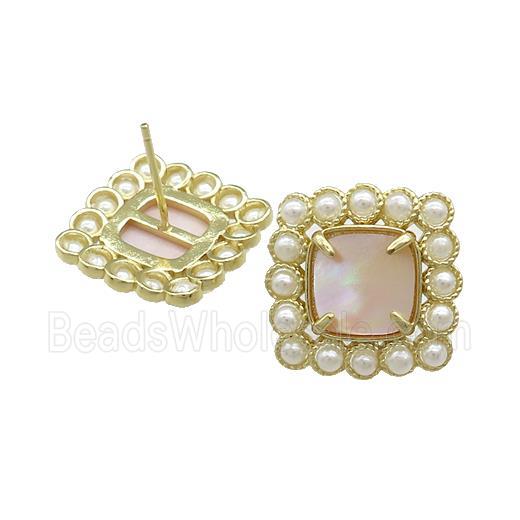 Copper Stud Earrings Pave Pink Queen Shell Pearlized Resin Square Gold Plated