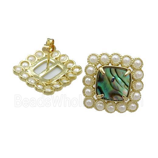 Copper Stud Earrings Pave Abalone Shell Pearlized Resin Square Gold Plated