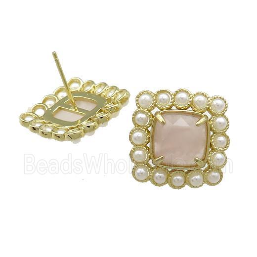 Copper Stud Earrings Pave Rose Quartz Pearlized Resin Square Gold Plated