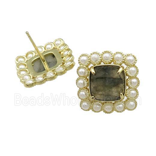 Copper Stud Earrings Pave Labradorite Pearlized Resin Square Gold Plated