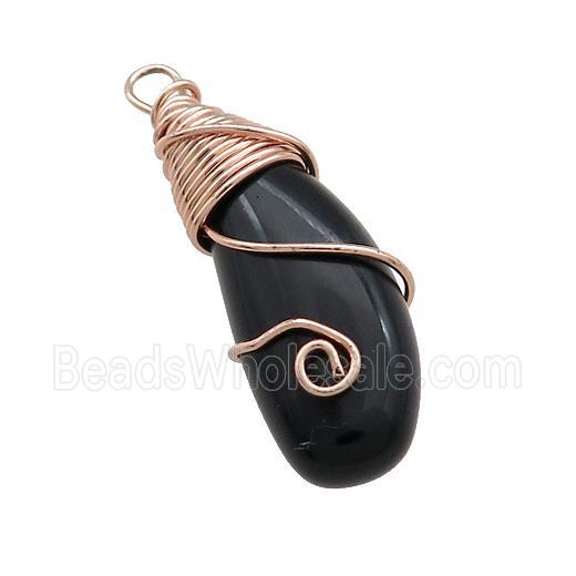 Black Obsidian Teardrop Pendant Copper Wire Wrapped Rose Gold