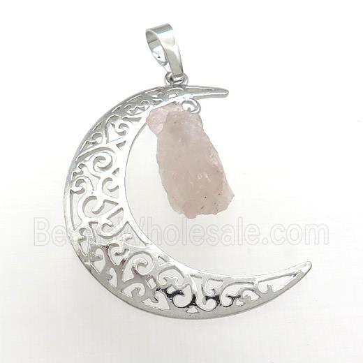 Copper Moon Pendant With Rose Quartz Platinum Plated
