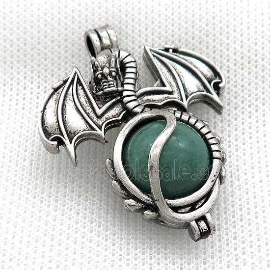 Alloy Dragon Charms Pendant Pave Green Aventurine Antique Silver