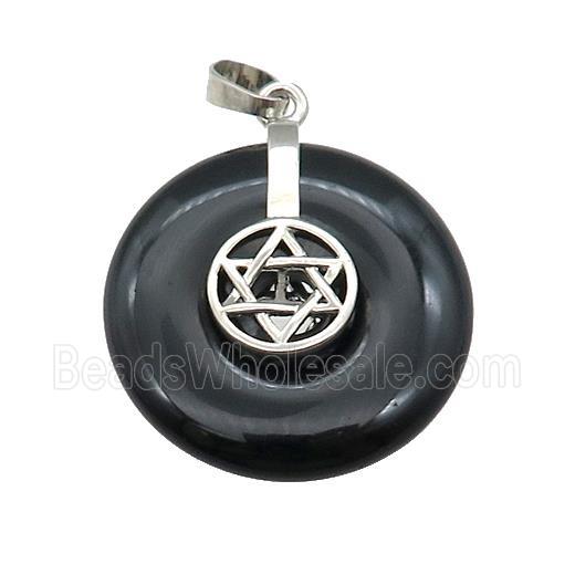 Natural Black Obsidian Donut Pendant With Alloy David Star