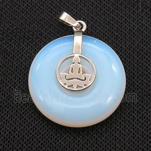 White Opalite Donut Pendant With Alloy Buddha OM