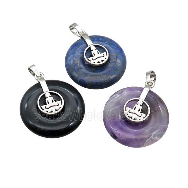 Natural Gemstone Donut Pendant With Alloy Buddha OM Mixed
