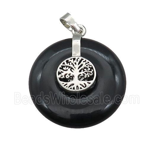 Natural Black Obsidian Donut Pendant With Alloy Tree Of Life