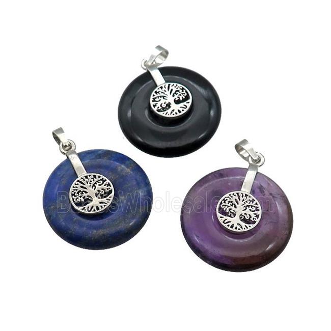 Natural Gemstone Donut Pendant With Alloy Tree Of Life Mixed