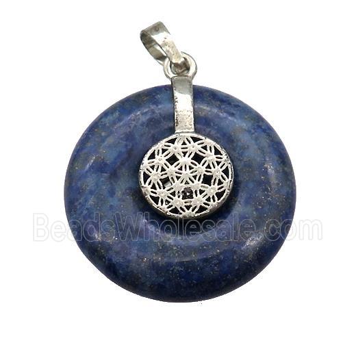 Natural Blue Lapis Lazuli Donut Pendant With Alloy Flower Of Life