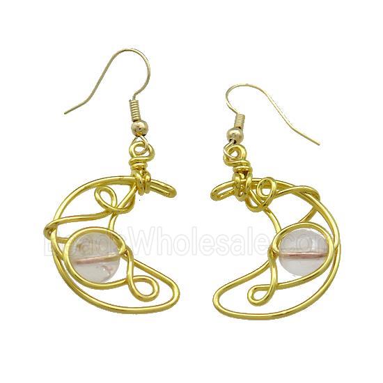 Copper Hook Earrings Moon With Clear Quartz Wire Wrapped Gold Plated