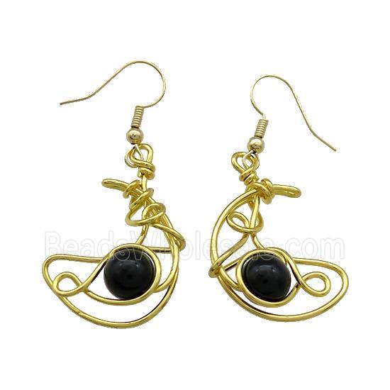 Copper Hook Earrings Moon With Black Obsidian Wire Wrapped Gold Plated