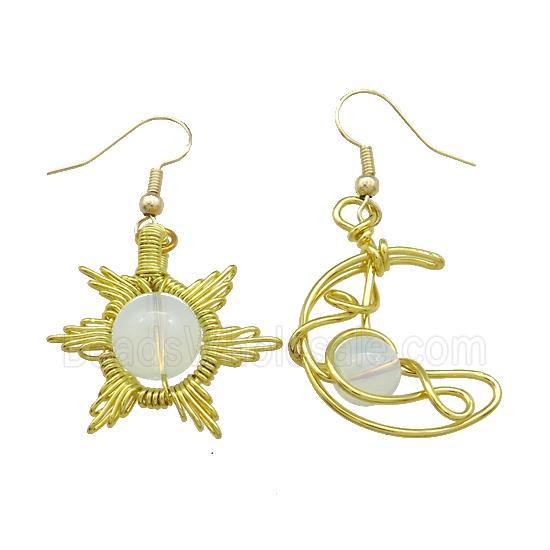 Copper Hook Earring Star Moon With Opalite Wire Wrapped Gold Plated