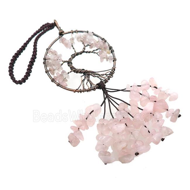 Tree Of Life Pendant Tassel With Rose Quartz Copper Wire Wrapped Antique Red
