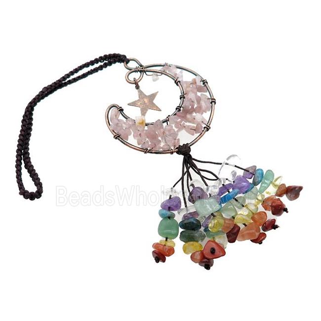 Rose Quartz Moon Pendant Tassel With Chakra Gemstone Copper Wire Wrapped Antique Red