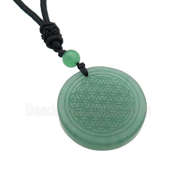 Green Aventurine Circle Necklace Flower Of Life Black Nylon Rope Cord