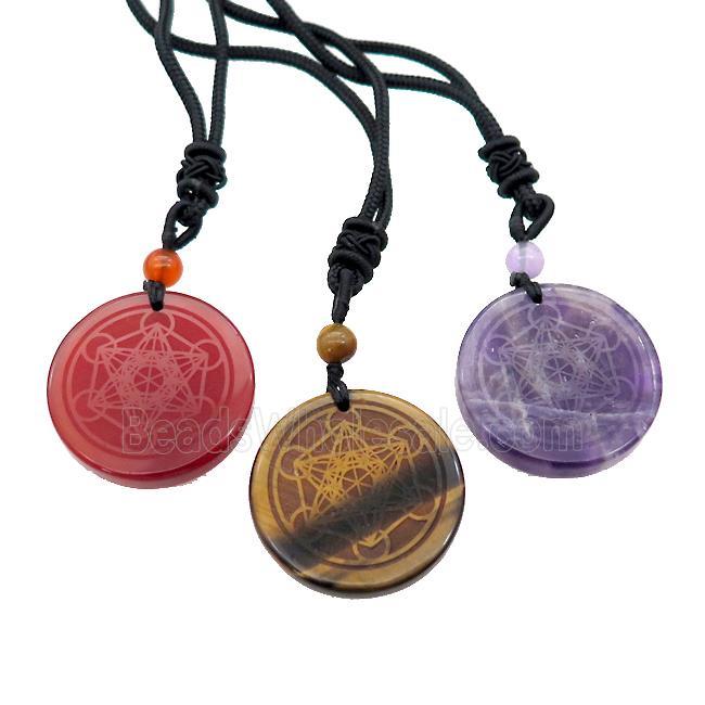 Gemstone Circle Chakra Necklace Carved Black Nylon Rope Cord Mixed