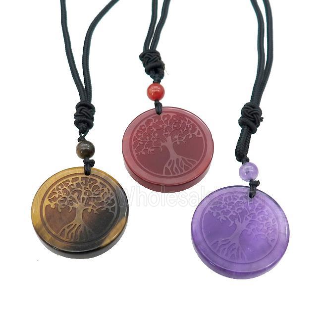 Gemstone Circle Necklace Tree Of Life Carved Black Nylon Rope Cord Mixed