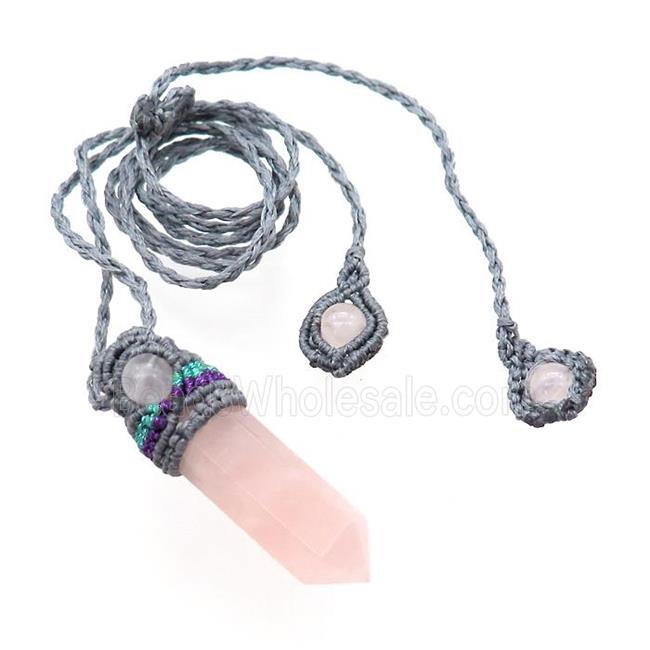 Pink Rose Quartz Prism Necklace Gray Fabric Rope Cord