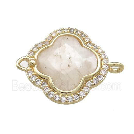 White Moonstone Clover Connector Pave Zircon Gold Plated