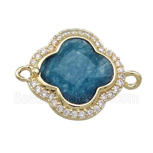 Jade Clover Connector Pave Zircon Teal Dye Gold Plated