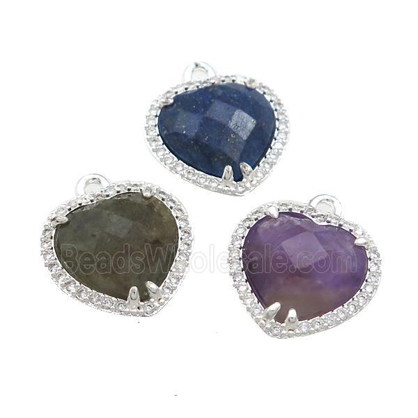 Mixed Gemstone Heart Pendant Pave Zircon Platinum Plated