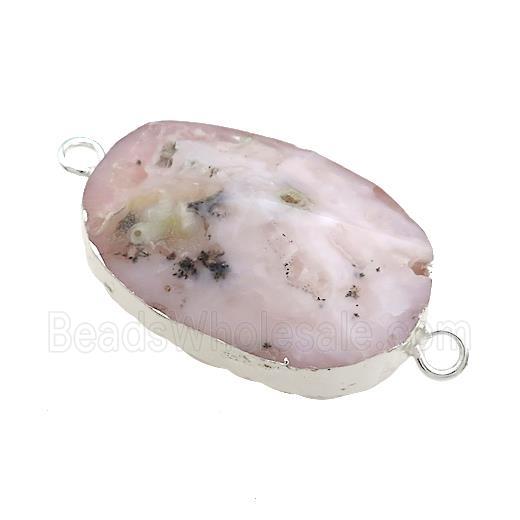 Pink Opal Oval Connector Pointed Silver Plated
