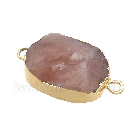 Pink Strawberry Quartz Oval Connector Rough Gold Plated