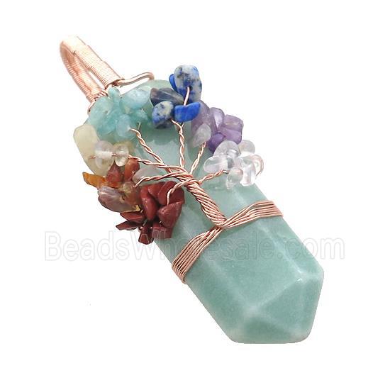 Green Aventurine Bullet Pendant With Chakra Gemstone Chips Tree Of Life Wire Wrapped Rose Gold