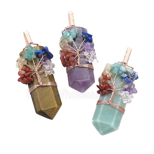 Gemstone Bullet Pendant With Chakra Gemstone Chips Tree Of Life Wire Wrapped Rose Gold Mixed
