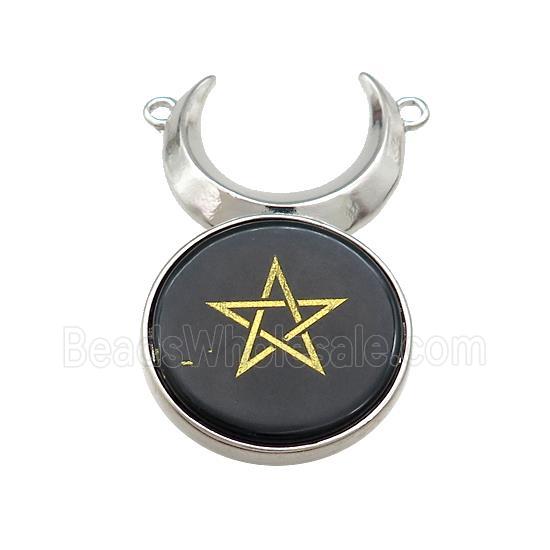 Black Obsidian Coin Star Symbols Alloy Moon Pendant Platinum Plated