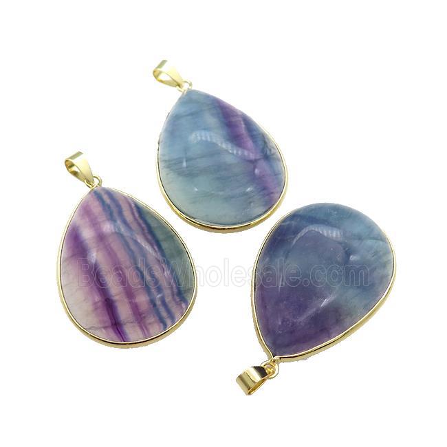 Natural Fluorite Teardrop Pendant Multicolor Gold Plated